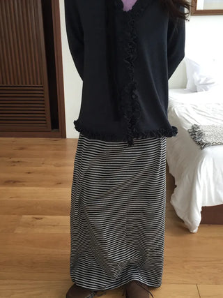 Striped Elastic Shirred Long Skirt