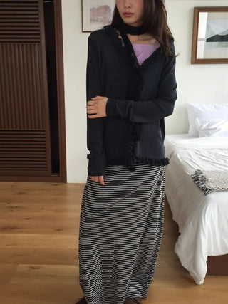 Striped Elastic Shirred Long Skirt