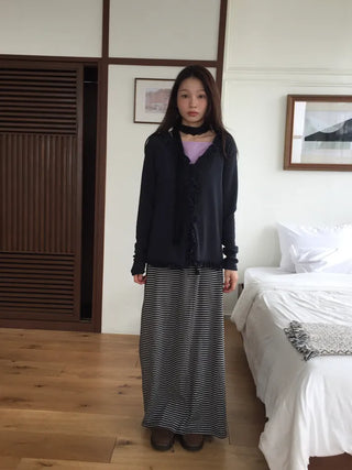Striped Elastic Shirred Long Skirt