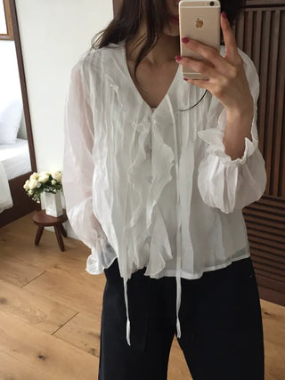 Feminine Pintuck Shirred Long Sleeve Blouse