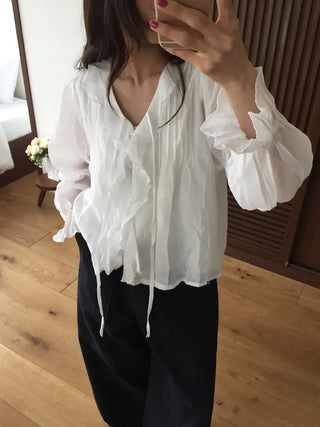 Feminine Pintuck Shirred Long Sleeve Blouse