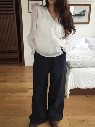 Feminine Pintuck Shirred Long Sleeve Blouse