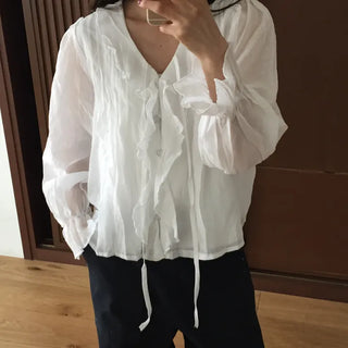Feminine Pintuck Shirred Long Sleeve Blouse
