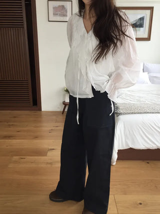 Feminine Pintuck Shirred Long Sleeve Blouse