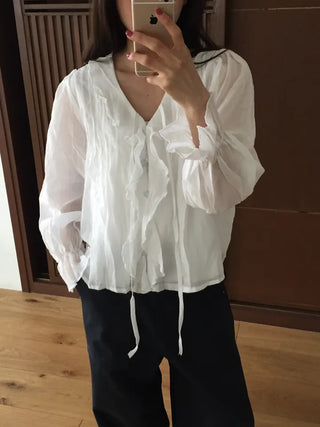Feminine Pintuck Shirred Long Sleeve Blouse