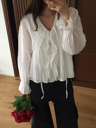 Feminine Pintuck Shirred Long Sleeve Blouse