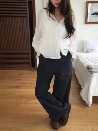 Feminine Pintuck Shirred Long Sleeve Blouse