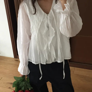 Feminine Pintuck Shirred Long Sleeve Blouse