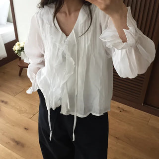 Feminine Pintuck Shirred Long Sleeve Blouse