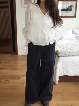Feminine Pintuck Shirred Long Sleeve Blouse