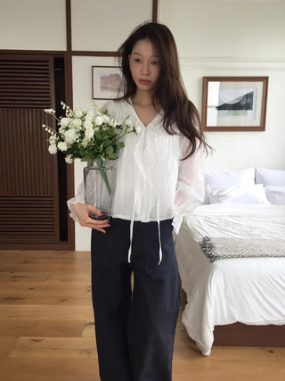 Feminine Pintuck Shirred Long Sleeve Blouse