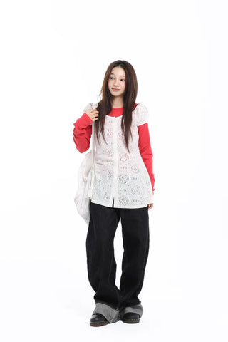Delicate Fit Lace Punched Long Sleeve Cardigan
