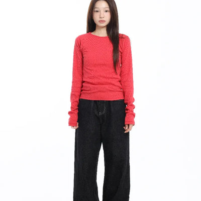 Stretchy Slim Fit Round Long Sleeve Red T-shirt