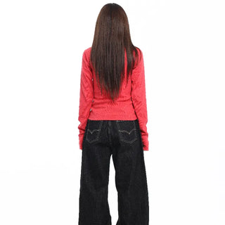 Stretchy Slim Fit Round Long Sleeve Red T-shirt