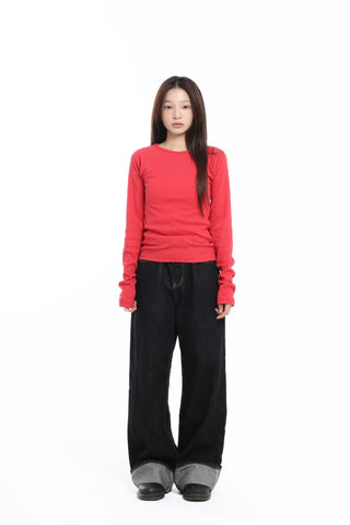 Stretchy Slim Fit Round Long Sleeve Red T-shirt