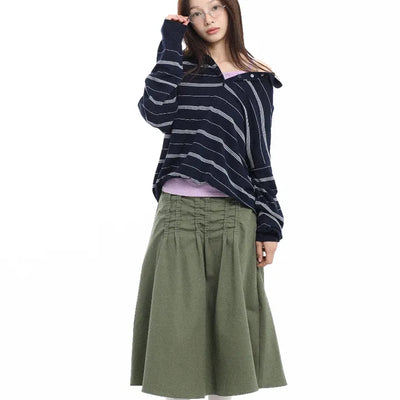 Pintuck Voluminous Layered Khaki Midi Skirt