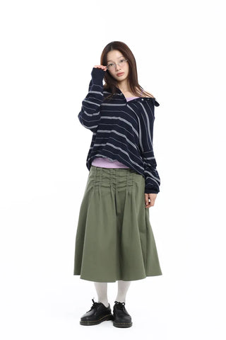 Pintuck Voluminous Layered Khaki Midi Skirt