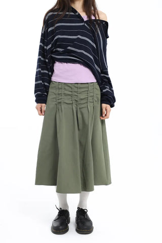 Pintuck Voluminous Layered Khaki Midi Skirt