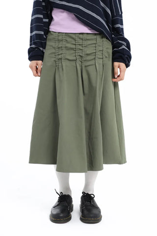 Pintuck Voluminous Layered Khaki Midi Skirt