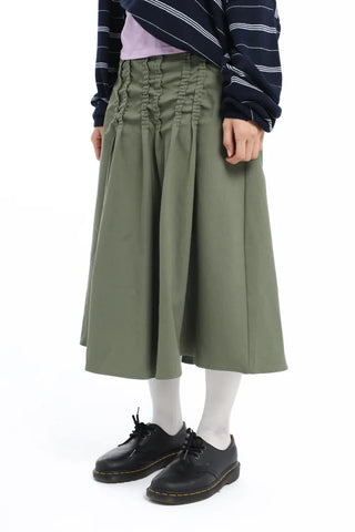 Pintuck Voluminous Layered Khaki Midi Skirt