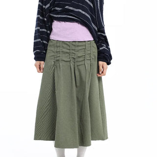 Pintuck Voluminous Layered Khaki Midi Skirt