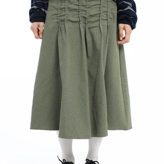 Pintuck Voluminous Layered Khaki Midi Skirt