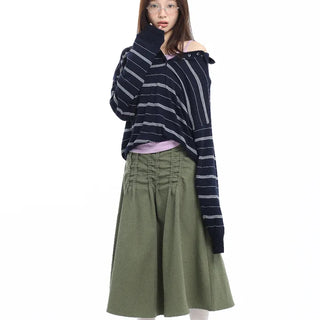 Pintuck Voluminous Layered Khaki Midi Skirt