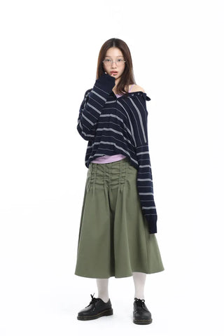 Pintuck Voluminous Layered Khaki Midi Skirt