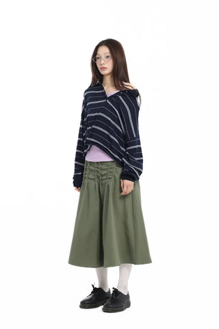 Pintuck Voluminous Layered Khaki Midi Skirt