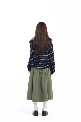 Pintuck Voluminous Layered Khaki Midi Skirt