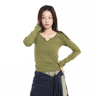 Unique Cut-Neck Stretchy Olive T-Shirt