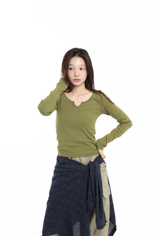 Unique Cut-Neck Stretchy Olive T-Shirt