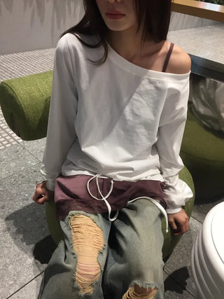 Off-shoulder Top with Ribbon Clamp at the Hem