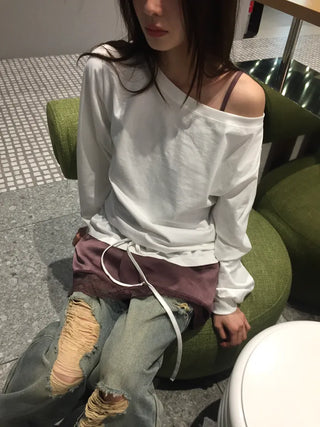 Off-shoulder Top with Ribbon Clamp at the Hem