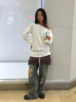 Off-shoulder Top with Ribbon Clamp at the Hem