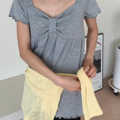 Ribbon Shirred Ribbed Short Sleeve Tee Square Neck Short Sleeve Top Slim Fit Effortless Chic