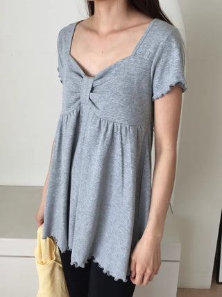 Ribbon Shirred Ribbed Short Sleeve Tee Square Neck Short Sleeve Top Slim Fit Effortless Chic
