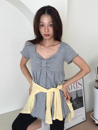 Ribbon Shirred Ribbed Short Sleeve Tee Square Neck Short Sleeve Top Slim Fit Effortless Chic