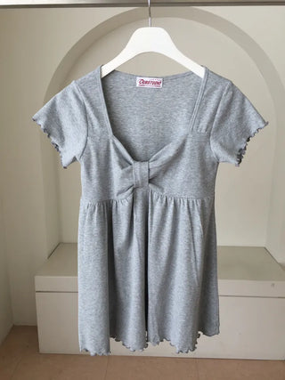 Ribbon Shirred Ribbed Short Sleeve Tee Square Neck Short Sleeve Top Slim Fit Effortless Chic