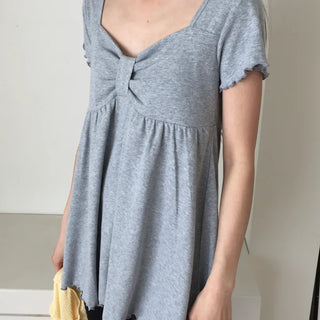 Ribbon Shirred Ribbed Short Sleeve Tee Square Neck Short Sleeve Top Slim Fit Effortless Chic