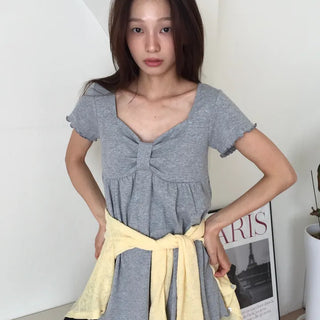 Ribbon Shirred Ribbed Short Sleeve Tee Square Neck Short Sleeve Top Slim Fit Effortless Chic