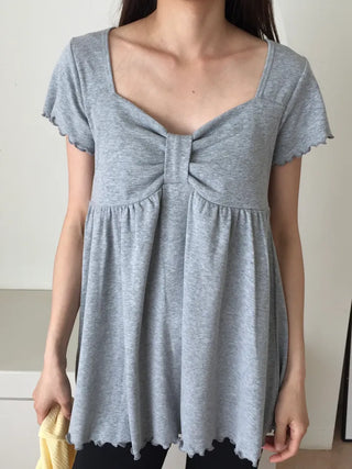 Ribbon Shirred Ribbed Short Sleeve Tee Square Neck Short Sleeve Top Slim Fit Effortless Chic