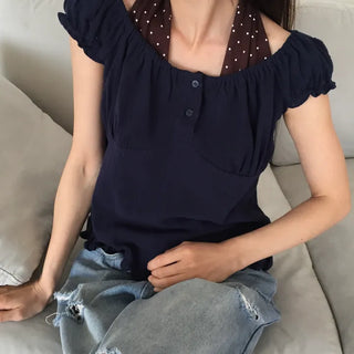 Off-shoulder Shirred Blouse Navy Short-sleeve Shirt Top Wedding Guest Look Vacation Look