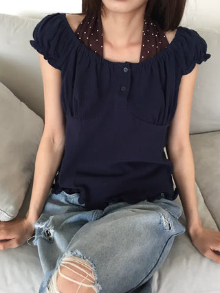 Off-shoulder Shirred Blouse Navy Short-sleeve Shirt Top Wedding Guest Look Vacation Look