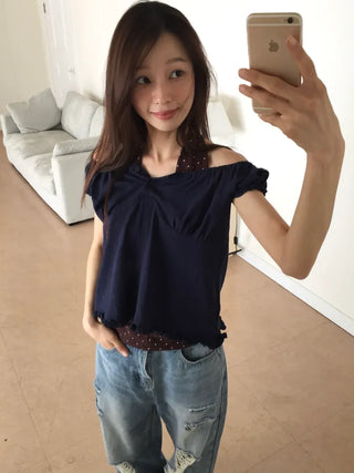 Off-shoulder Shirred Blouse Navy Short-sleeve Shirt Top Wedding Guest Look Vacation Look