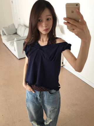Off-shoulder Shirred Blouse Navy Short-sleeve Shirt Top Wedding Guest Look Vacation Look