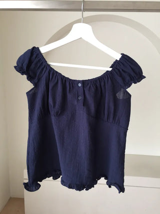 Off-shoulder Shirred Blouse Navy Short-sleeve Shirt Top Wedding Guest Look Vacation Look