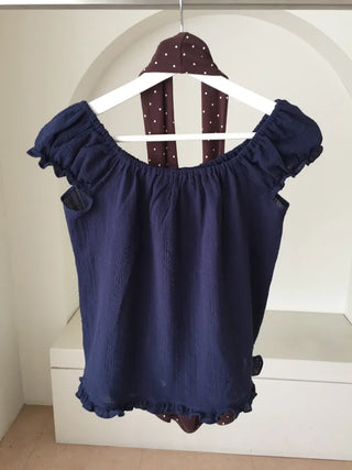 Off-shoulder Shirred Blouse Navy Short-sleeve Shirt Top Wedding Guest Look Vacation Look