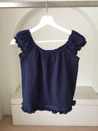 Off-shoulder Shirred Blouse Navy Short-sleeve Shirt Top Wedding Guest Look Vacation Look