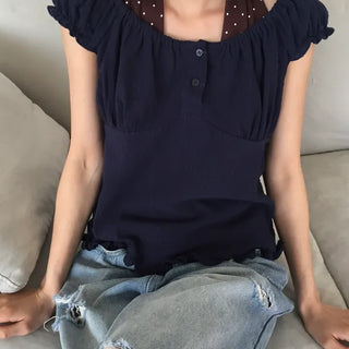 Off-shoulder Shirred Blouse Navy Short-sleeve Shirt Top Wedding Guest Look Vacation Look
